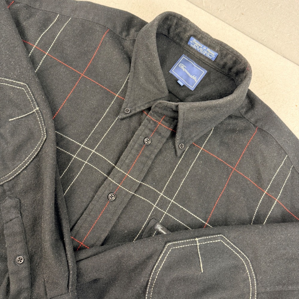 Faconnable Mens XXL Wool Blend Windowpane Flannel Shirt Black‎ Red Elbow Patches